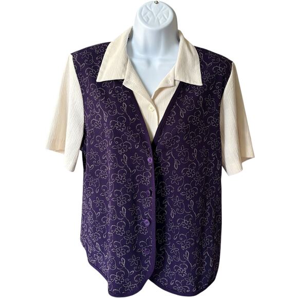 Alfred Dunner Vintage Floral Short Sleeve Vest Blouse Set Purple Cream 14P - Picture 1 of 4